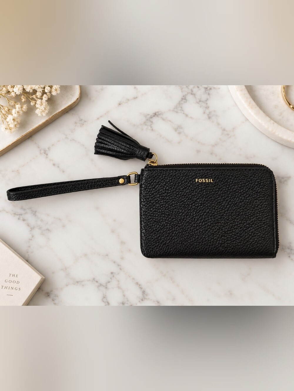 Fossil Black Pebbled Leather Zip Wristlet with Tassel